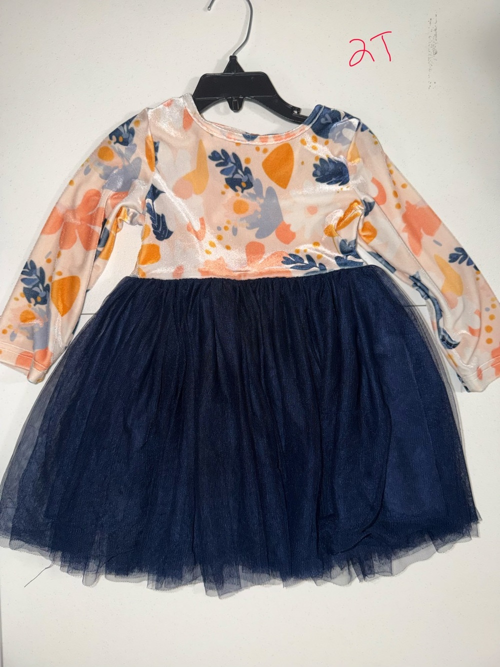 Navy Tulle Skirt Floral Bodice Long-Sleeve Kids Dress